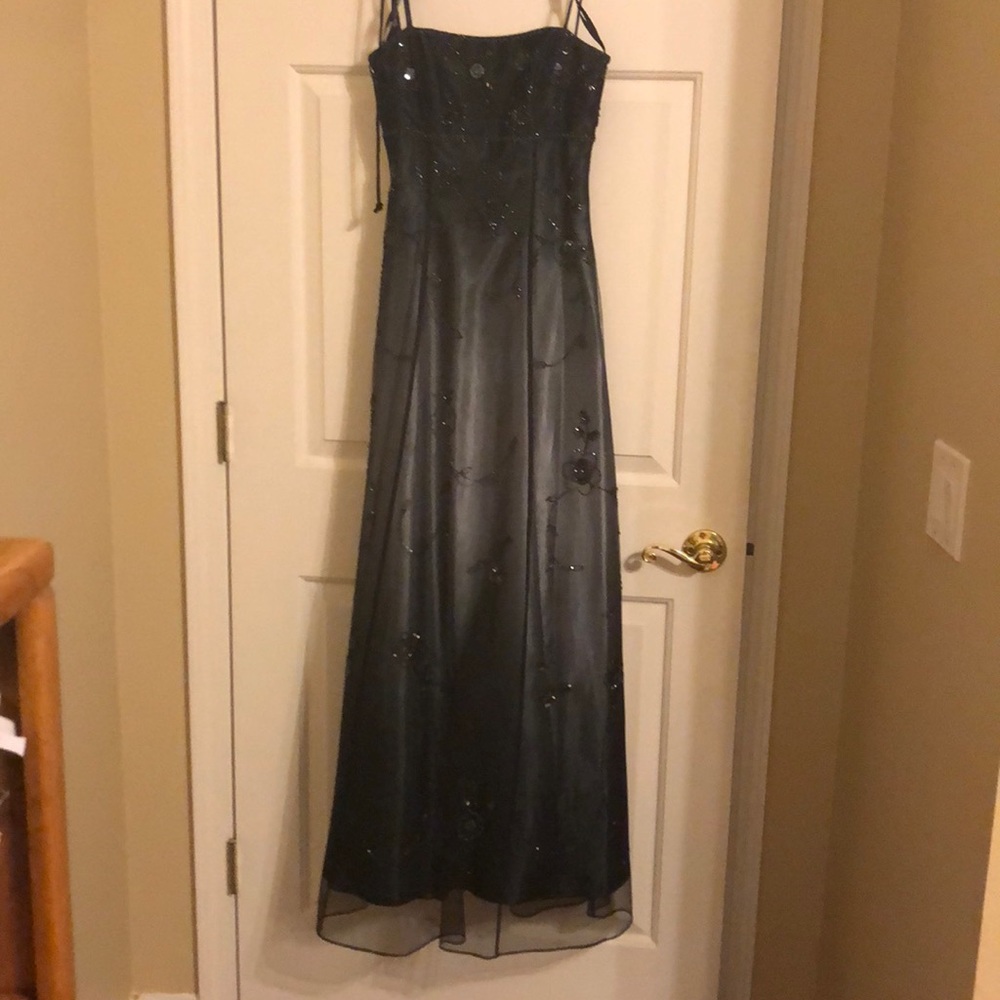 Black/silver lacy beaded floor-length gown